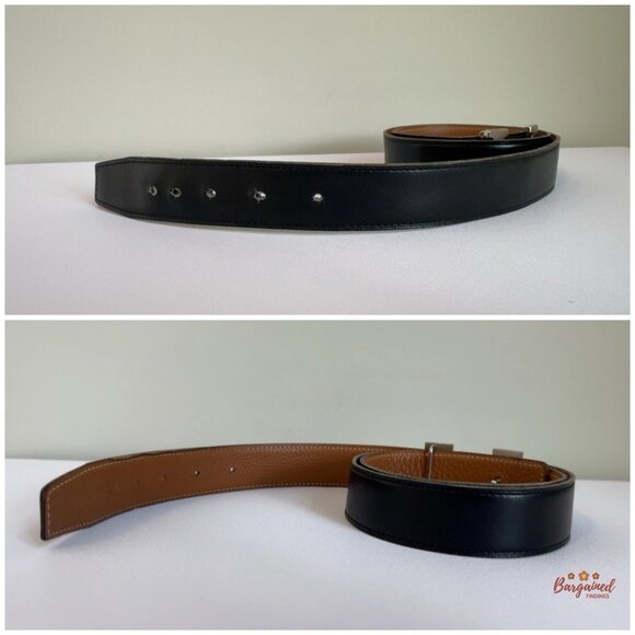 Authentic HERMES Black/Brown Leather H Silver Reversible Buckle Belt L 90 6/8 main image 4
